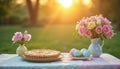 Easter celebration table with pie, decorated eggs, and floral arrangement at sunset Royalty Free Stock Photo