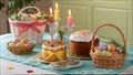 Easter celebration table with traditional cakes, colorful eggs, and decorations Royalty Free Stock Photo