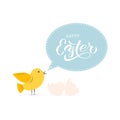 Easter celebration typography poster with cute chicken hatched from an egg and lettering Happy Easter. Spring holidays. Easy to