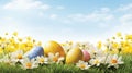 Easter celebration with vibrant spring scene and lush green grass on white or yellow background Royalty Free Stock Photo