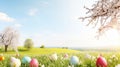 Easter celebration with vibrant spring scene and lush green grass on white or yellow background Royalty Free Stock Photo