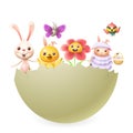 Easter characters bunny chicken flower lamb butterfly bird in big hatched egg