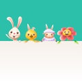 Easter characters bunny chicken sheep and flower on top of billboard - isolated on turqouise background Royalty Free Stock Photo