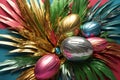 Easter decor of golden and silver eggs with palm branches in various shades on a simple background