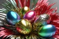 Easter decor of golden and silver eggs with palm branches in various shades on a simple background