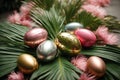 Easter decor of golden and silver eggs with palm branches in various shades on a simple background