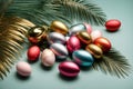 Easter decor of golden and silver eggs with palm branches in various shades on a simple background