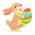 Easter Cheerful Bunny Holding Painted Egg Flat Royalty Free Stock Photo