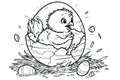 An Easter chick breaking out of an egg coloring book black and white outline cartoon. Coloring book for kids