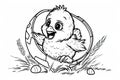 An Easter chick breaking out of an egg coloring book black and white outline cartoon. Coloring book for kids