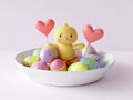 Easter chick with colored easter eggs in a plate Royalty Free Stock Photo