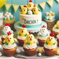 Easter chick cupcakes and a cake with \