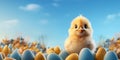 Easter Chick with eggs and place for text over blue background