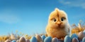 Easter Chick with eggs and place for text over blue background