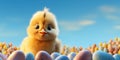 Easter Chick with eggs and place for text over blue background