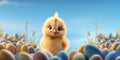 Easter Chick with eggs and place for text over blue background