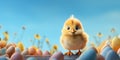 Easter Chick with eggs and place for text over blue background