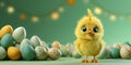 Easter Chick with eggs and place for text over green background