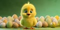 Easter Chick with eggs and place for text over green background