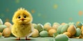 Easter Chick with eggs and place for text over green background