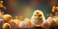 Easter Chick with eggs and place for text over natural background