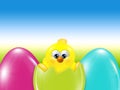 Easter chick hatched from egg over blue sky