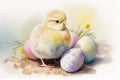 Easter chick surrounded by colourful eggs with a pastel watercolour effect