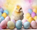 The Easter chick is surrounded by eggs with a watercolour effect.