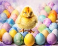 The Easter chick is surrounded by eggs with a watercolour effect.