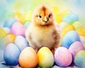 The Easter chick is surrounded by eggs with a watercolour effect.