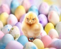 The Easter chick is surrounded by eggs with a watercolour effect.