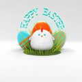 Easter chicken on grass with festive eggs