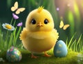 Easter chicken in green grass with painted eggs Royalty Free Stock Photo