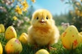 Easter chicken in green grass with painted eggs, sunny day, egg hunt, Happy Easter banner background Royalty Free Stock Photo