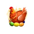 Easter chicken with holiday eggs isolated on white. Traditional little hen symbol of christianity. Happy Easter digital banner in Royalty Free Stock Photo