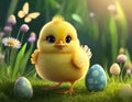 Easter chicken and painted eggs in green grass Royalty Free Stock Photo