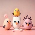 Easter chicks in egg cup on pink background, 3d render Royalty Free Stock Photo