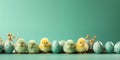 Easter Chicks in row with eggs and place for text over green background Royalty Free Stock Photo