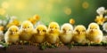 Easter Chicks in row on wood with place for text over green background Royalty Free Stock Photo