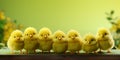 Easter Chicks in row on wood with place for text over green background Royalty Free Stock Photo