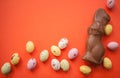 Easter bunny with colorful eggs on a coral background. close up