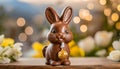 Easter chocolate bunny with easter eggs in basket on wooden table Royalty Free Stock Photo