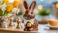 Easter chocolate bunny with easter eggs in basket on wooden table Royalty Free Stock Photo