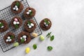 Easter chocolate cookies. Nests with sweet eggs on white background with mint leaves Royalty Free Stock Photo