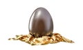 Easter chocolate egg resting on golden drape isolated on white Royalty Free Stock Photo