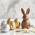 Easter Chocolate Eggs and Bunny on a Marble Surface Royalty Free Stock Photo