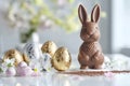 Easter Chocolate Eggs and Bunny on a Marble Surface Royalty Free Stock Photo