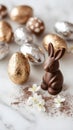 Easter Chocolate Eggs and Bunny on a Marble Surface Royalty Free Stock Photo
