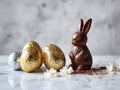 Easter Chocolate Eggs and Bunny on a Marble Surface Royalty Free Stock Photo