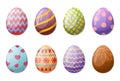 Easter chocolate eggs. Cartoon spring holiday painted eggs, egg hunt traditional game symbols flat vector illustration set Royalty Free Stock Photo